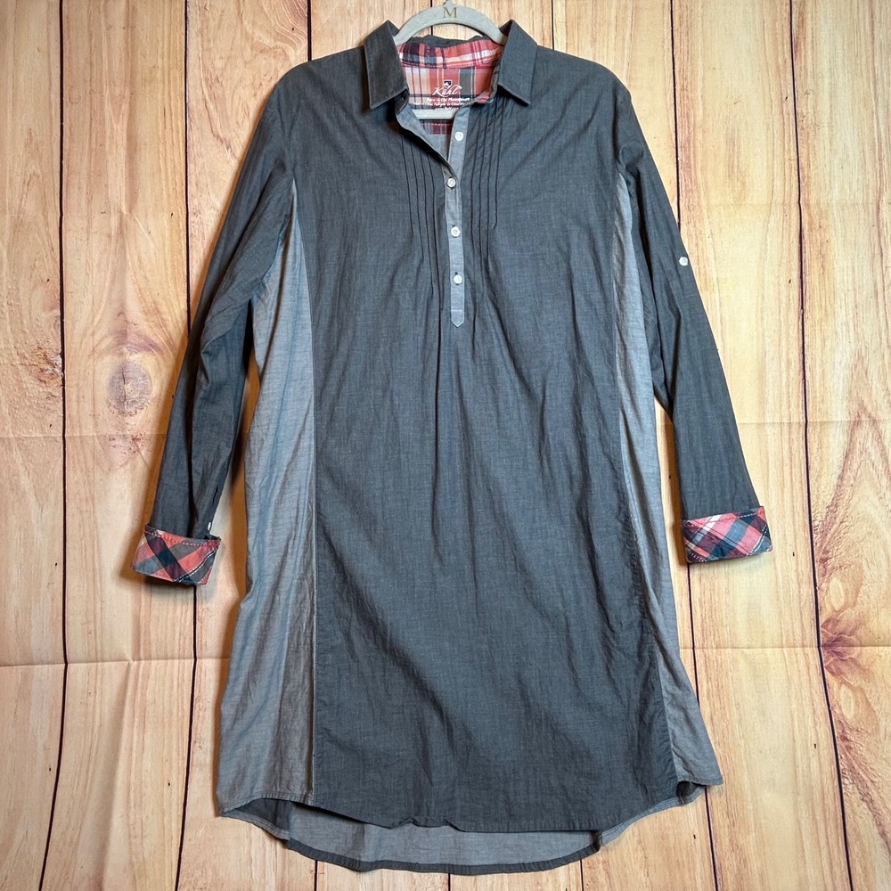 Kuhl Tunic Dress Women XL Gray Plaid Trim‎ Pintuck Roll Tab Sleeve Gorpcore